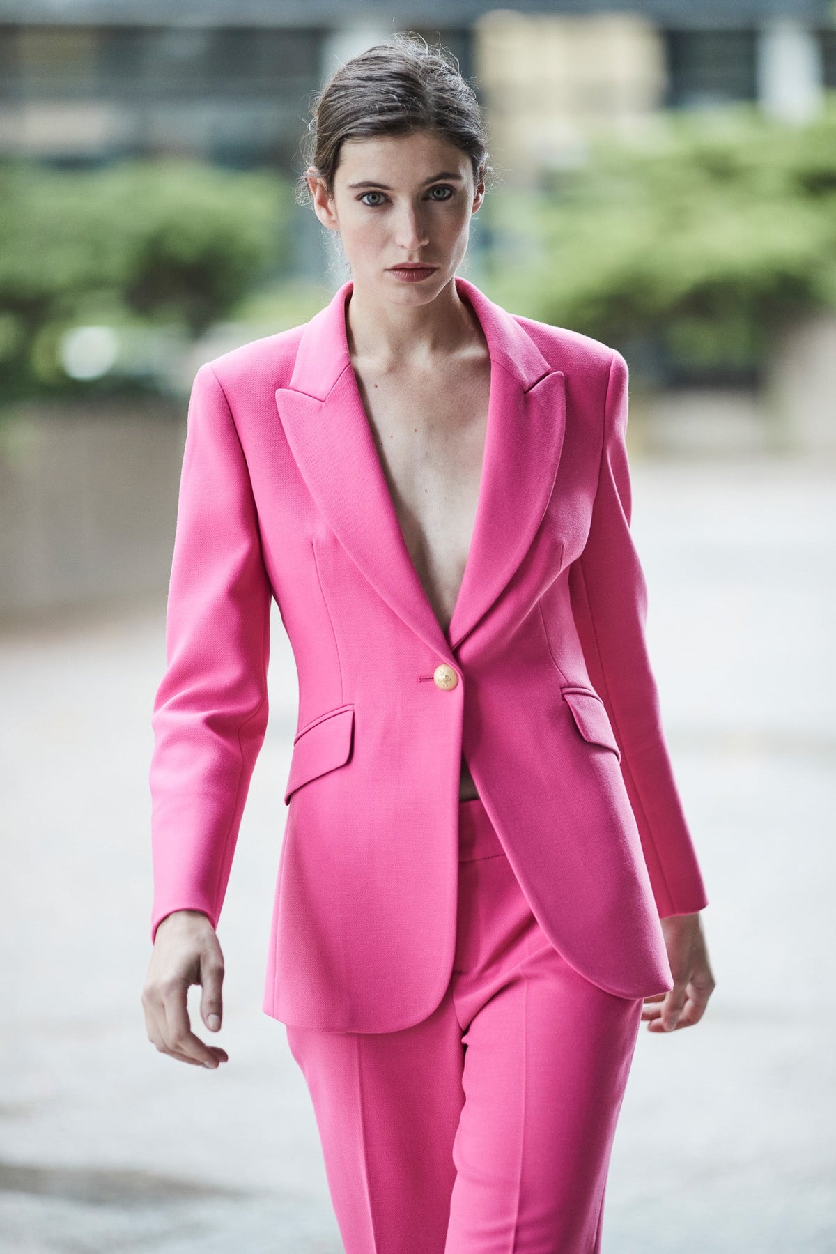 BiBi Single Breasted Blazer with Patch Pockets in Fuchsia for Women