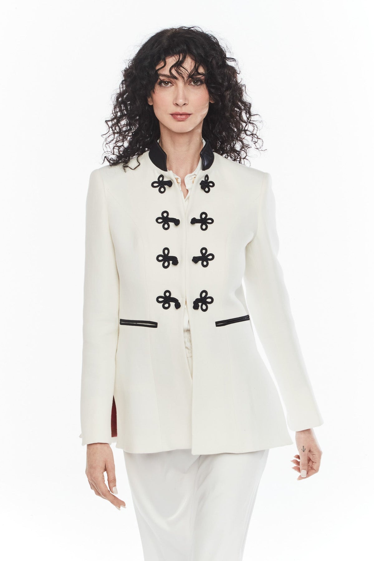 White Satin Collar Long Blazer main image 1