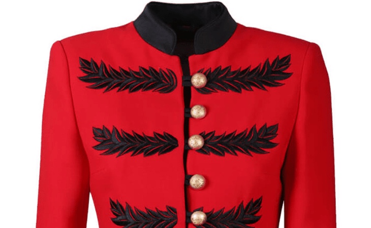 Red embroidered military blazer with structured shoulders and gold buttons
